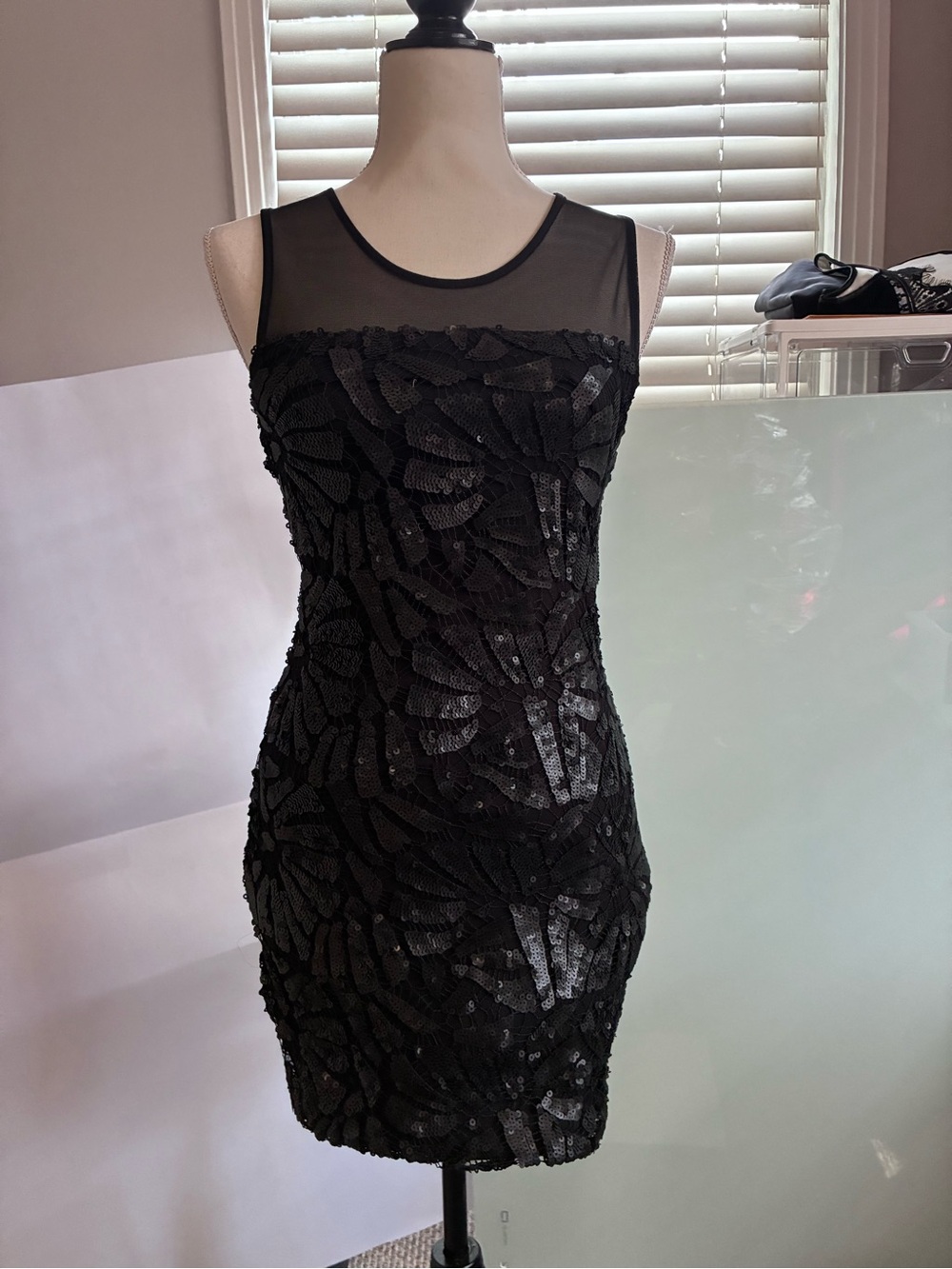Sky Black Sequin Mini Dress with Sheer Yoke